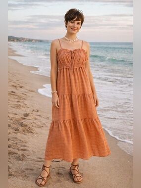 Thirty Thirty LA Boho Rust Tiered Spaghetti Strapped Smocked Maxi Dress Size S